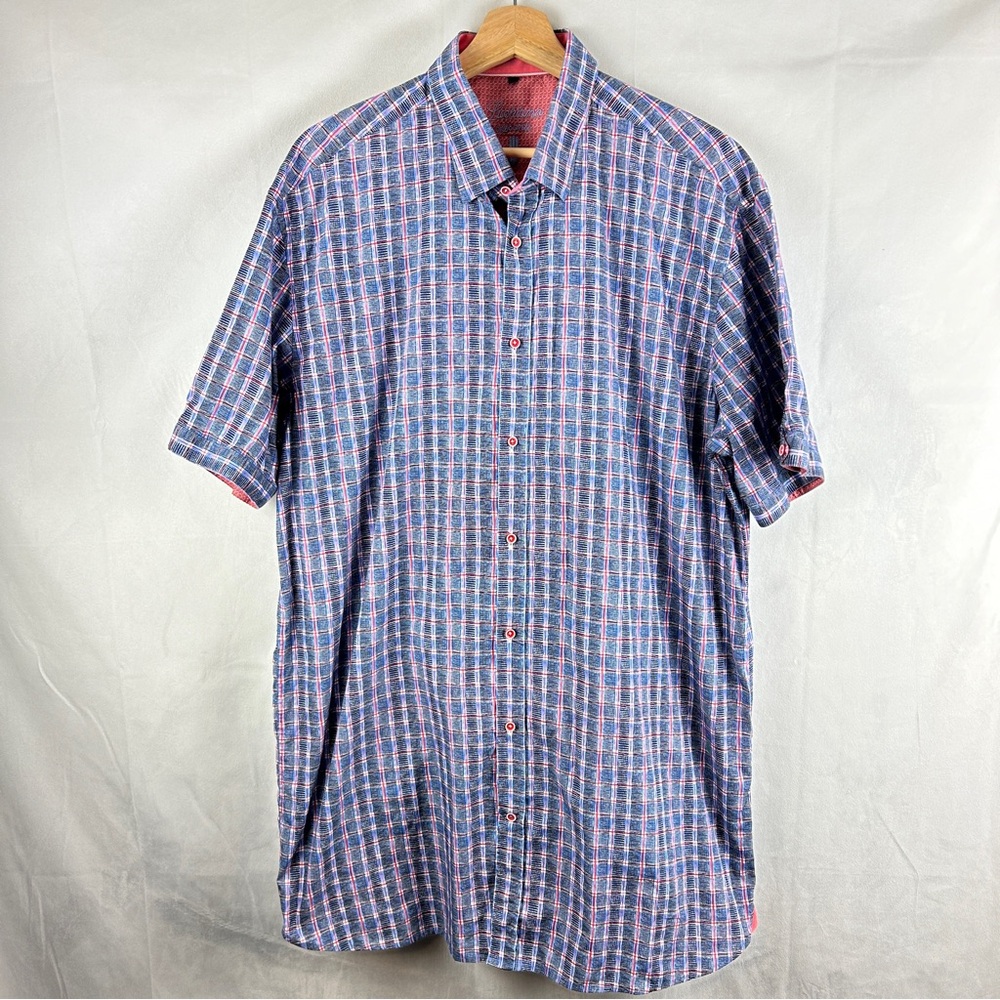 LUCHIANO VISCONTI Plaid Checked Shortβ Sleeve Button Down Shirt Size XLT Cotton
